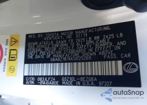 2019 Lexus Es 350 F Sport from USA, damaged, VIN 58ABZ1B1XKU025269